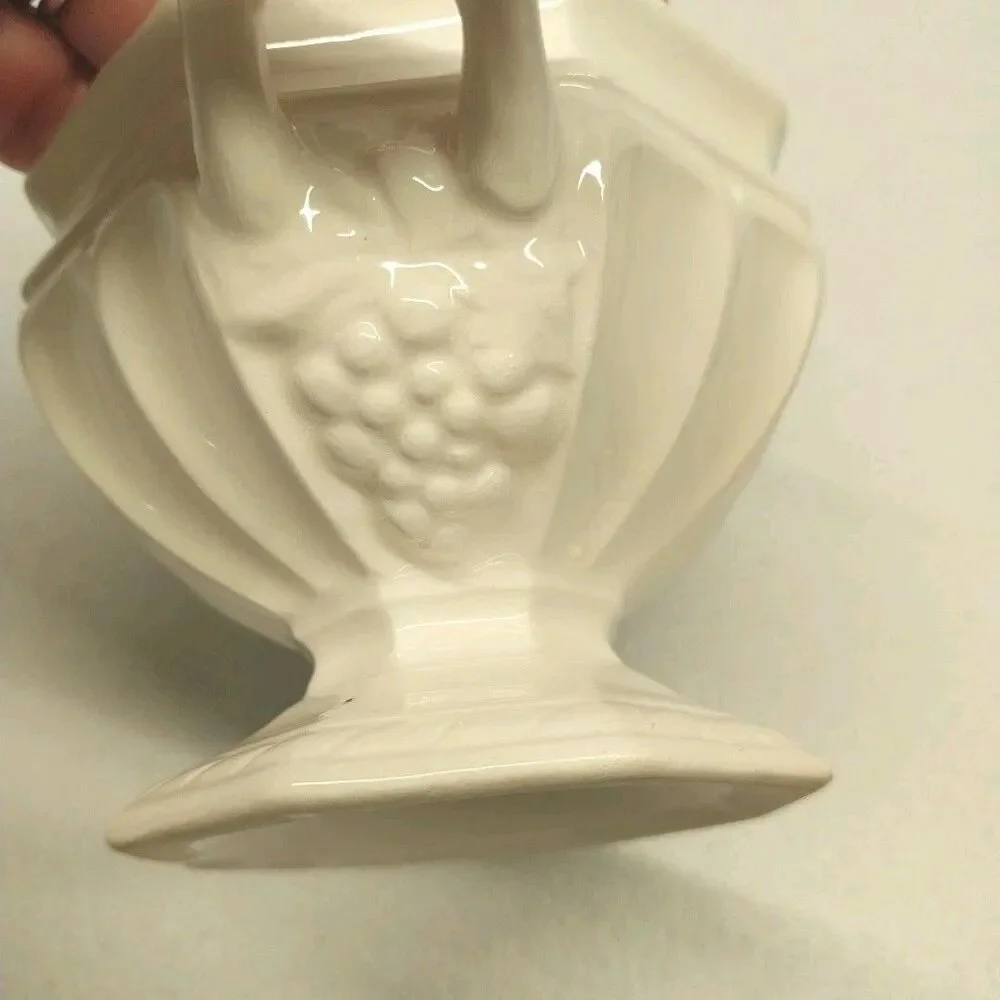 Vintage Ivory Ceramic Covered Sugar Bowl Grape Pedestal w/ Original Metal Spoon